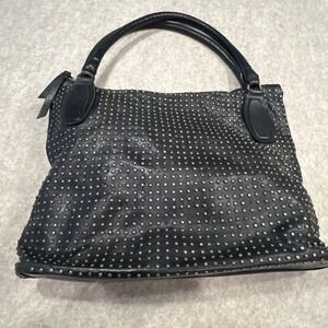 Platania Genuine Leather Black Dual Handle Studded Shoulder Bag Large